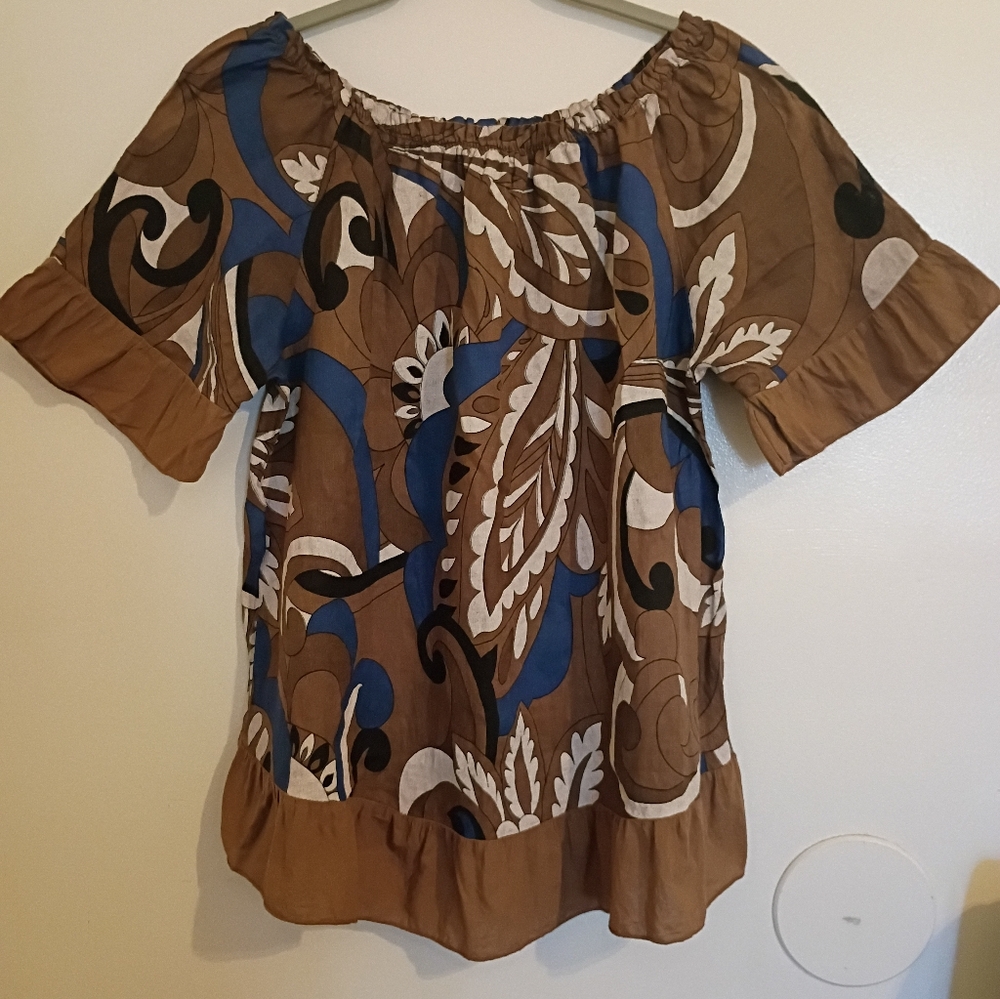 Terzo Millenno Women's‎  Brown and Blue Patterned 100% Linen Top Sz L